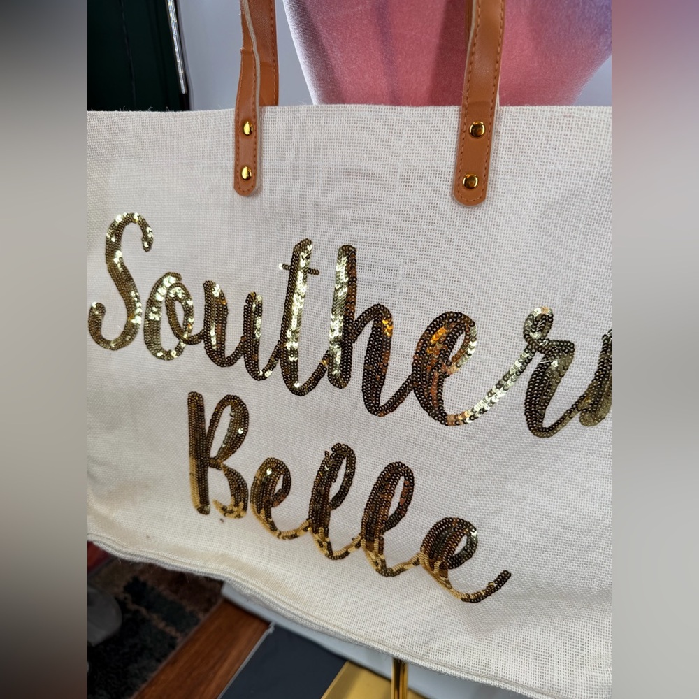 EUC Mud Pie Southern Belle Burlap Tote - Picture 4 of 7
